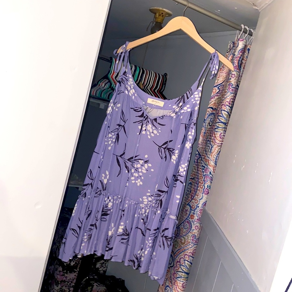 Purple Floral Ruffle Tank with Tie Sleeves